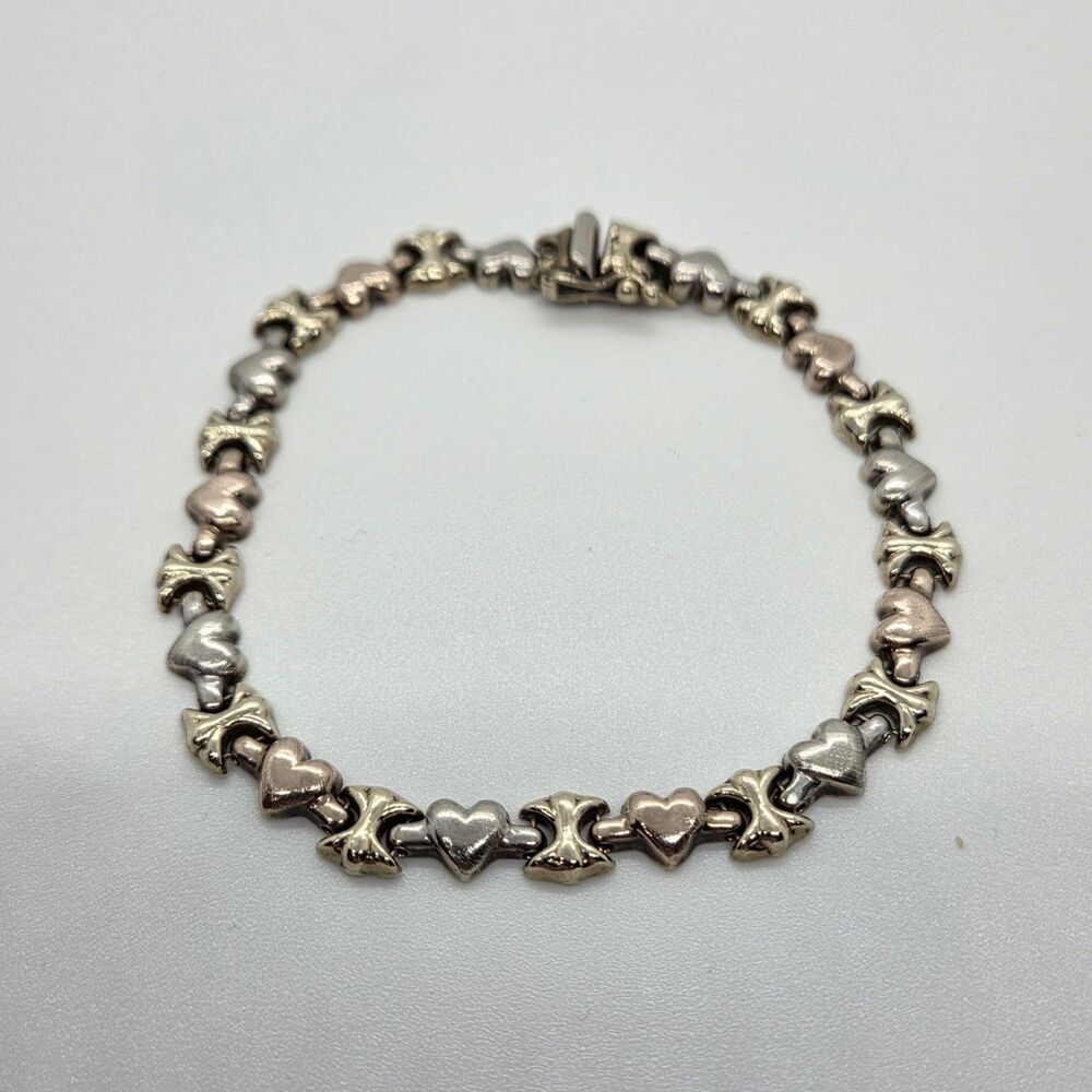 10K Gold Tri Color Hugs & Kisses Heart Link Bracelet Vintage 6.8gm NEEDS REPAIR